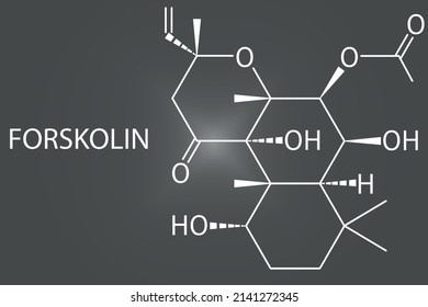 Forskolin (Coleonol)-Molekül. Aktiviert das Enzym Adenylcyclase, was zu erhöhten cAMP-Werten führt. Skelettformel.