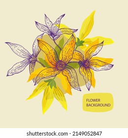 Forsythia branch. Golden Bell, blossoming flowers. Floral background. Hand drawn vector illustration. Can be used for cards, invitations, banners.