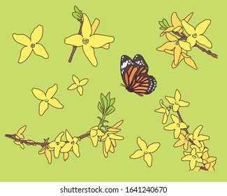 forsythia and butterfly. hand drawn style vector design illustrations. 