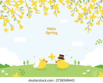 Forsythia chick spring flat vector background