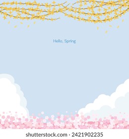 Forsythia flowers, cherry blossoms, clouds background