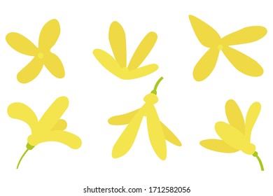 Forsythia spring yellow flowers set. Vector image on a white background. Flat style