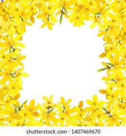 Forsythia suspensa frame. Card template. fluffy blossoming yellow spring tree enclosure. Golden Bell, flowers boxing. Vector illustration. For prints, posters, flyer, flier, text copy space textile