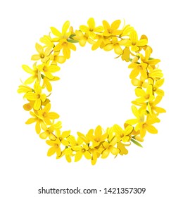 Forsythia wreath, Golden Bell festive decoration garland template. Easter tree chaplet, spring crown with blossoming yellow flowers. Vector illustration. card, prints, invitations, vector illustration