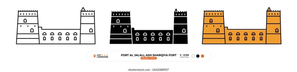 Forte Al Jalali Ash Sharqiya Fort Line Ícone. Mascate, Omã, Ponto De Referência, Silhueta, Vetor De Cor, Traço Editável.