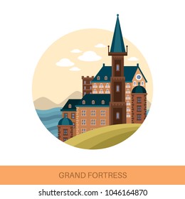 Fort or fortress, strong medieval fortification outdoor view. Building facade or, stronghold with turrets or towers exterior view. Architecture and antique landmark, heraldic and history theme