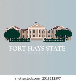 Universidad estatal de Fort Hays. hermosa y sorprendente arquitectura americana campus construcción de Ilustración vectorial de alta calidad con archivo eps. imprimir archivo listo para sudaderas y camisetas.