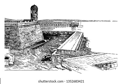 The fort held by Spain in St. Augustine, Florida is a city in the Southeastern United States,vintage line drawing or engraving illustration.