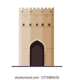 Fort Historical Building, Muscat City Architecture, Travel to Oman Famous Landmark, Flat Vector Illustration