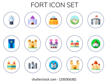 fort icon set. 15 flat fort icons.  Collection Of - tower, castle, palace, Castle