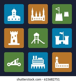 Fort icons set. set of 9 fort filled icons such as castle, castle tower