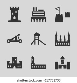 Fort icons set. set of 9 fort filled icons such as castle, castle tower
