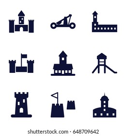 Fort icons set. set of 9 fort filled icons such as castle, castle tower