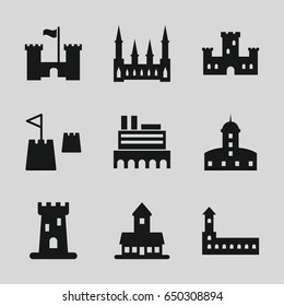 Fort icons set. set of 9 fort filled icons such as castle