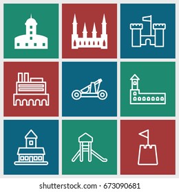 Fort icons set. set of 9 fort filled and outline icons such as castle, castle tower