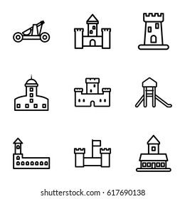 Fort icons set. set of 9 fort outline icons such as castle