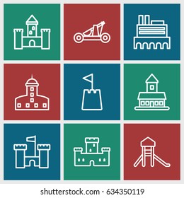 Fort icons set. set of 9 fort outline icons such as castle, castle tower