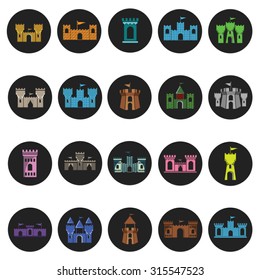 Fort icons set in flat design with long shadow. Illustration EPS10