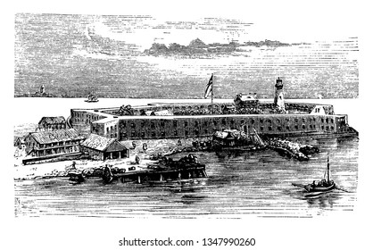 Fort Jefferson which is located today in what is Dry Tortugas National Park, vintage line drawing or engraving illustration.