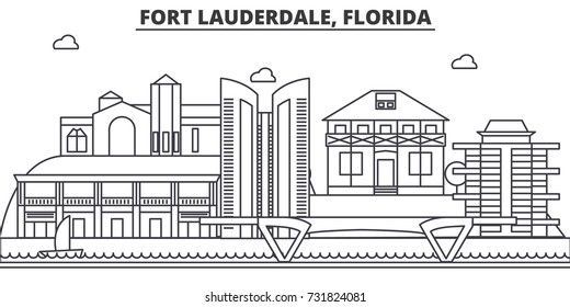 Fort Lauderdale, Florida architecture line skyline illustration. Linear vector cityscape with famous landmarks, city sights, design icons. Landscape wtih editable strokes