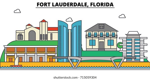 Fort Lauderdale, Florida. City skyline, architecture, buildings, streets, silhouette, landscape, panorama, landmarks, icons. Editable strokes. Flat design line vector illustration concept