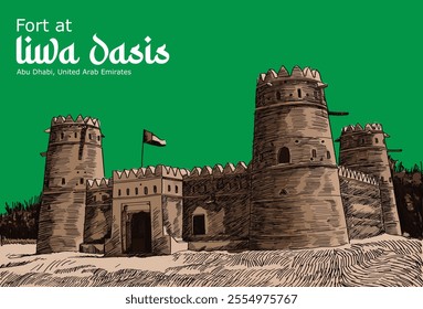 Fort at Liwa Oasis vector art, Abu Dhabi, United Arab Emirates