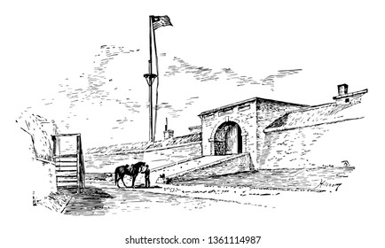 Fort McHenry Sallyport is a national monument and a historic Shrine, Maryland vintage line drawing.