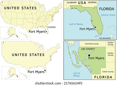 Fort Myers city location on USA, Florida state and Lee County map