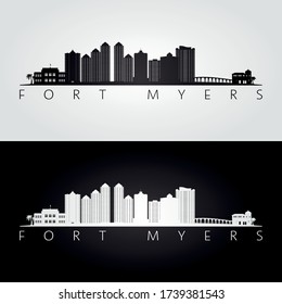 Fort Myers, Florida Skyline And Landmarks Silhouette, Black And White Design, Vector Illustration.  