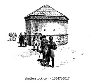 Fort Pitt was opened in 1761  by British colonists during the Seven Years' War at the confluence of the Monongahela and Allegheny rivers vintage line drawing.