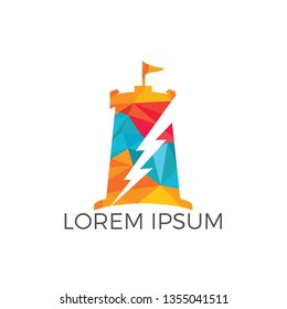 Fort and thunderbolt logo design concept. Castle and thunder vector icon design template.