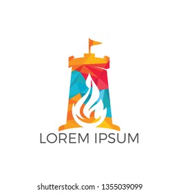 Fort torch logo design concept. Flat vector emblem of burning tower or fortress.