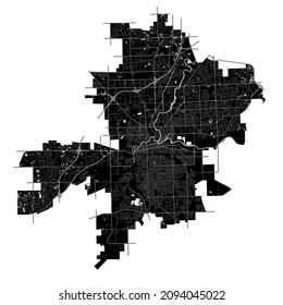 Fort Wayne, Indiana, United States, high resolution vector map with city boundaries, and editable paths. The city map was drawn with white areas and lines for main roads, side roads and watercourses.