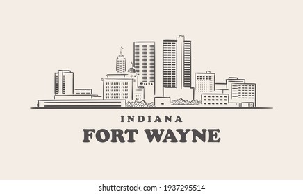 Fort Wayne Skyline, Indiana Drawn Sketch