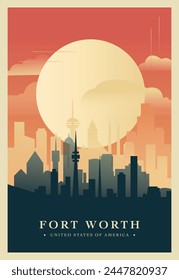 Fort Worth city brutalism poster with abstract skyline, cityscape. USA Texas state retro vector illustration. US travel front cover, brochure, flyer, leaflet, presentation template, layout image