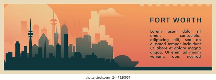 Fort Worth city brutalism vector banner with skyline, cityscape. USA Texas state retro horizontal illustration. United States of America travel layout for web presentation, header, footer