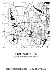 Fort Worth city map. Travel poster vector illustration with coordinates. Fort Worth, Texas, The United States of America Map in light mode.