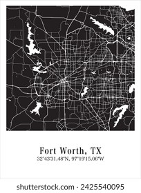 Fort Worth city map. Travel poster vector illustration with coordinates. Fort Worth, Texas, The United States of America Map in dark mode.