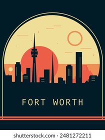 Afiche de estilo retro de la ciudad de Fort Worth con horizonte, paisaje urbano. ILUSTRACIÓN VECTORIAL vintage del estado de Texas. Cubierta frontal de EE. UU., folleto, folleto, Plantilla de folleto, Imagen de diseño