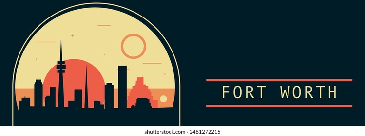 Anuncio de Vector de estilo retro de la ciudad de Fort Worth con horizonte, paisaje urbano. Ilustración Horizontal vintage del estado de Texas. Diseño de viajes de los Estados Unidos de América para presentación de Web, encabezado, pie de página