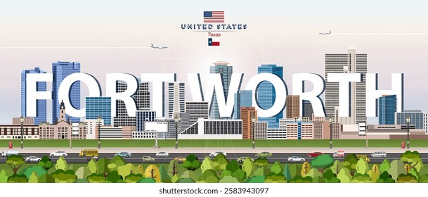 Fort Worth city skyline colorful vector illustration. Travel poster