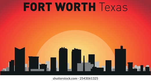 Horizonte de la ciudad de Fort Worth con siluetas de edificios con el telón de fondo de un Grande sol amarillo y cielo naranja. Vector en el fondo de la puesta del sol