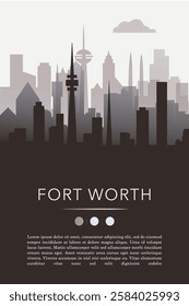 Fort Worth city template for website, presentation, front page, invitation, publication sheet with skyline, landmarks. Vector Texas, USA image layout, simple and grayscale