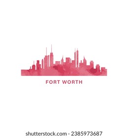 Fort Worth city US watercolor cityscape skyline panorama vector flat modern logo icon. USA, Texas state of America emblem with landmarks and building silhouettes. Isolated red and blue graphic