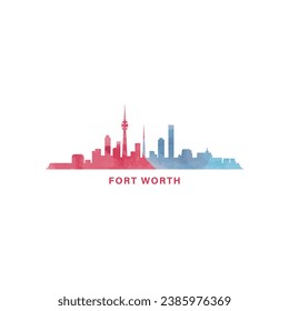 Fort Worth city US watercolor cityscape skyline panorama vector flat modern logo icon. USA, Texas state of America emblem with landmarks and building silhouettes. Isolated red and blue graphic