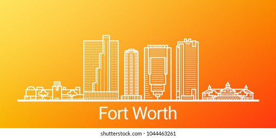 Fort Worth city white line on colorful background. All Fort Worth buildings - customizable objects with opacity mask, so you can simple change background. Line art.