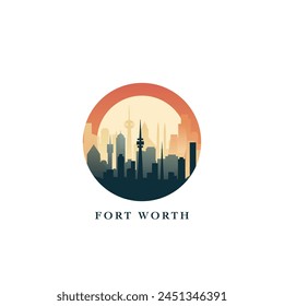 Fort Worth paisaje urbano, insignia de gradiente de Vector, logotipo plano del horizonte, icono. EE.UU., Texas idea redonda del emblema de la ciudad del estado con Lugares famosos y siluetas de construcción. Gráfico abstracto aislado