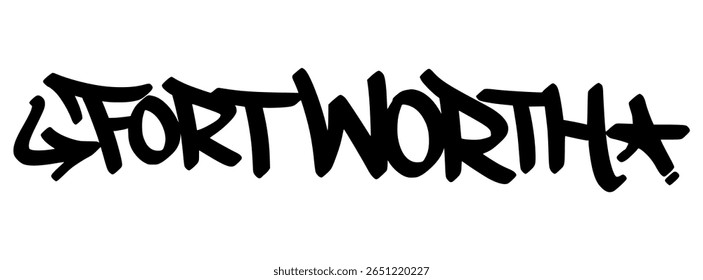Tag de grafite Fort Worth em letras negras em fundo transparente. Tom ocidental e fluxo moderno perfeito para visuais de rua culturais e trabalho de design arrojado