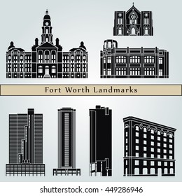 Fort Worth landmarks and monuments isolated on blue background in editable vector file