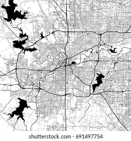 Fort Worth Monochrome Vector Map. Very large and detailed outline Version on White Background. Black Highways and Railroads, Streets and Water.